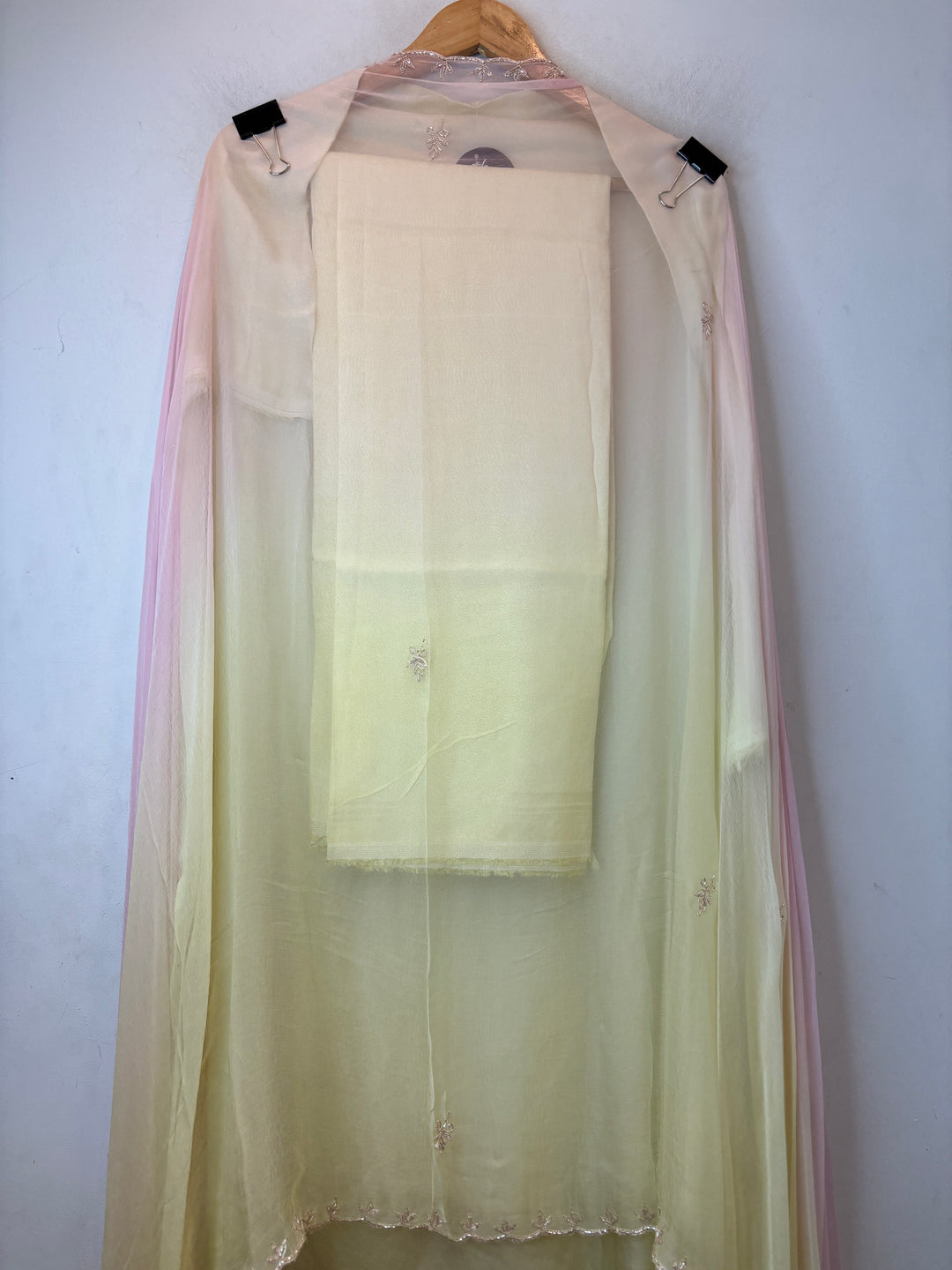 Yellow Satin Organza Unstitched Suit Set with Aari work &amp; Ombre Chinon Dupatta