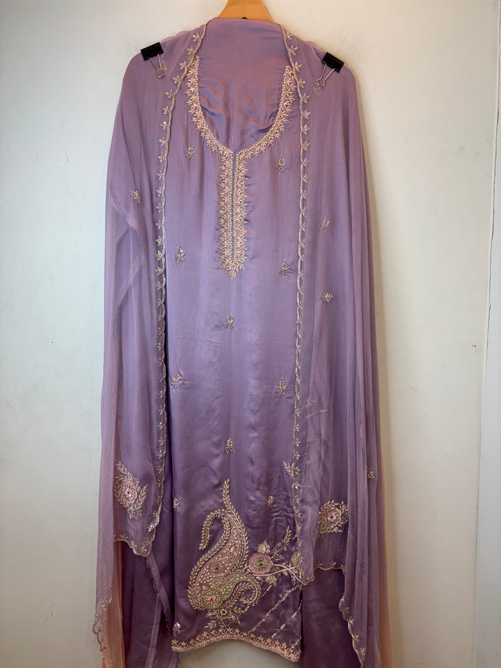 Pink Satin Organza Unstitched Suit Set with Aari work &amp; Ombre Chinon Dupatta