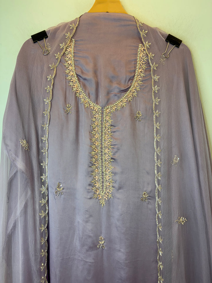 Pink Satin Organza Unstitched Suit Set with Aari work &amp; Ombre Chinon Dupatta