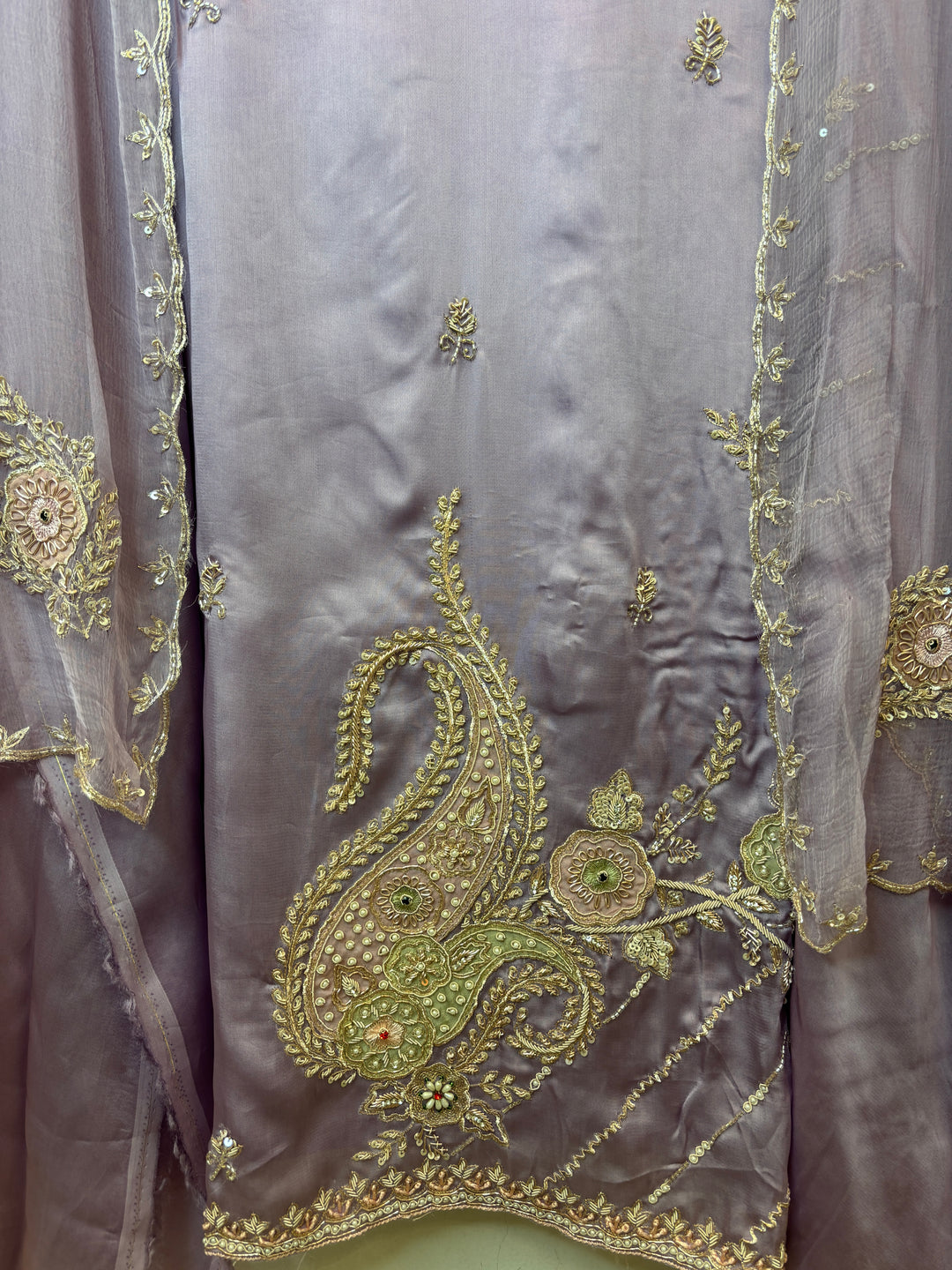Pink Satin Organza Unstitched Suit Set with Aari work &amp; Ombre Chinon Dupatta