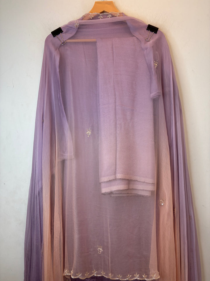 Pink Satin Organza Unstitched Suit Set with Aari work &amp; Ombre Chinon Dupatta
