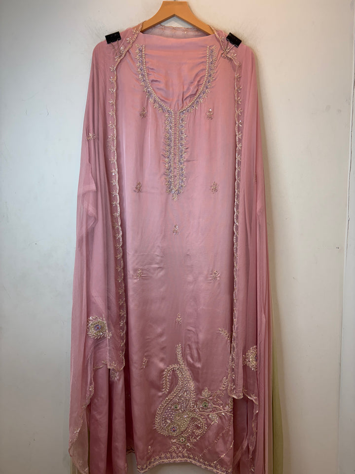 Lilac Satin Organza Unstitched Suit Set with Aari work &amp; Ombre Chinon Dupatta
