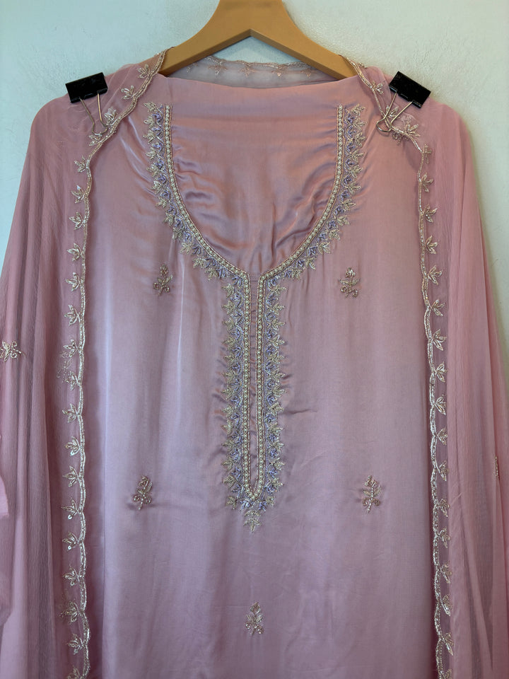 Lilac Satin Organza Unstitched Suit Set with Aari work &amp; Ombre Chinon Dupatta