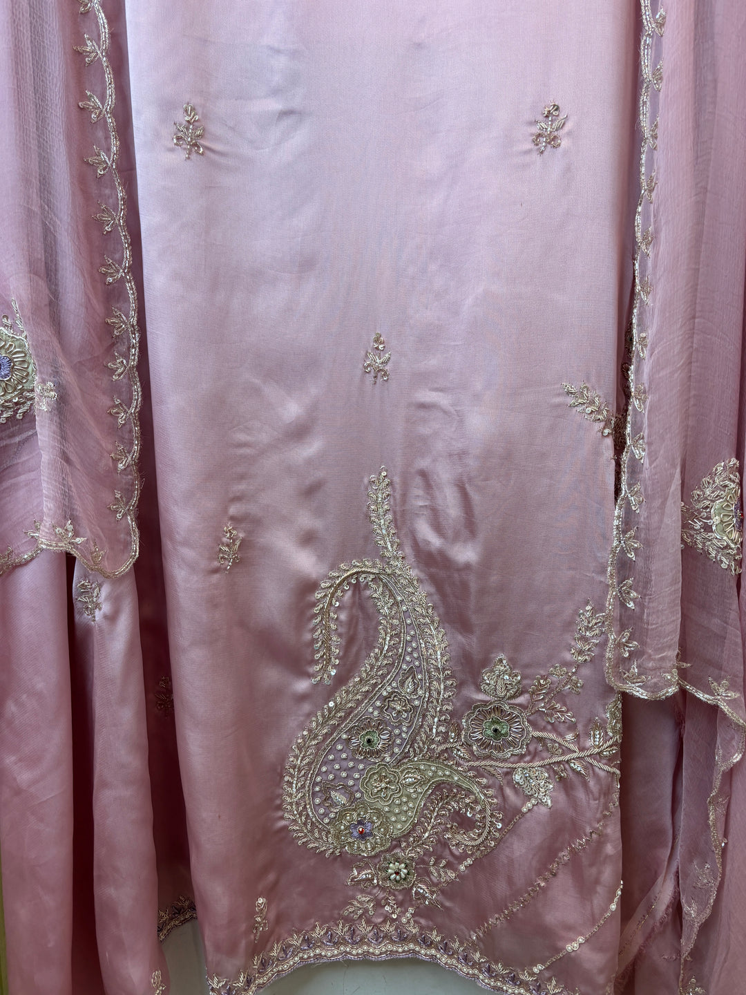 Lilac Satin Organza Unstitched Suit Set with Aari work &amp; Ombre Chinon Dupatta