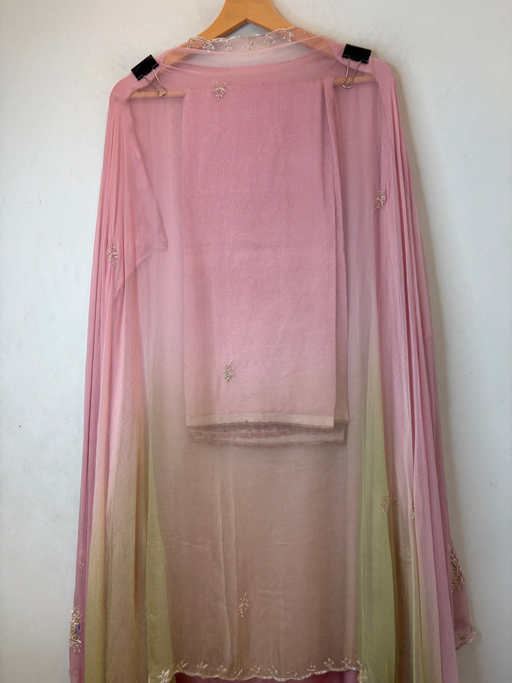 Lilac Satin Organza Unstitched Suit Set with Aari work &amp; Ombre Chinon Dupatta