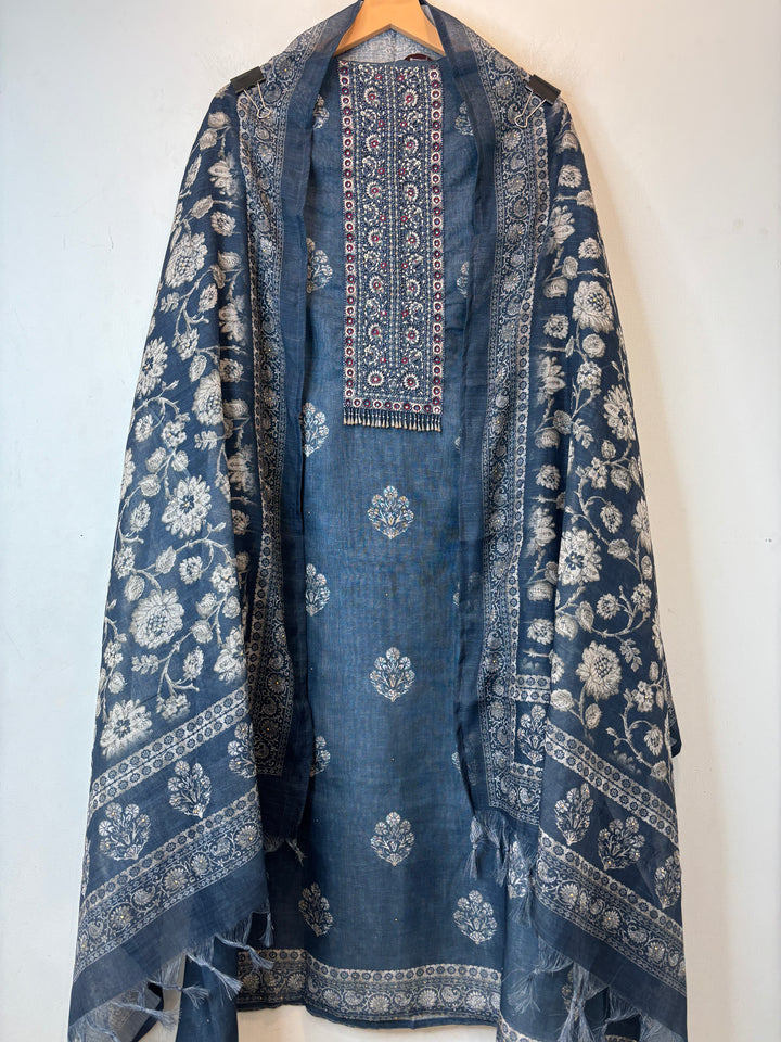 Linen Unstitched Suit Set in Denim Blue with Mirror &amp; Bead Work DBP01