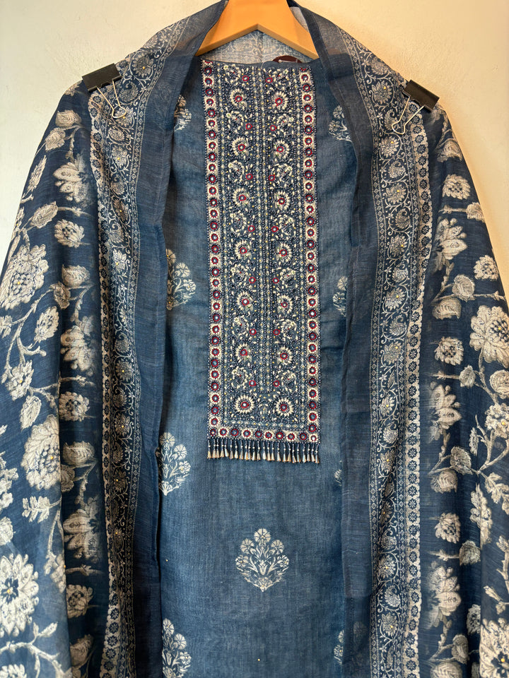 Linen Unstitched Suit Set in Denim Blue with Mirror &amp; Bead Work DBP01