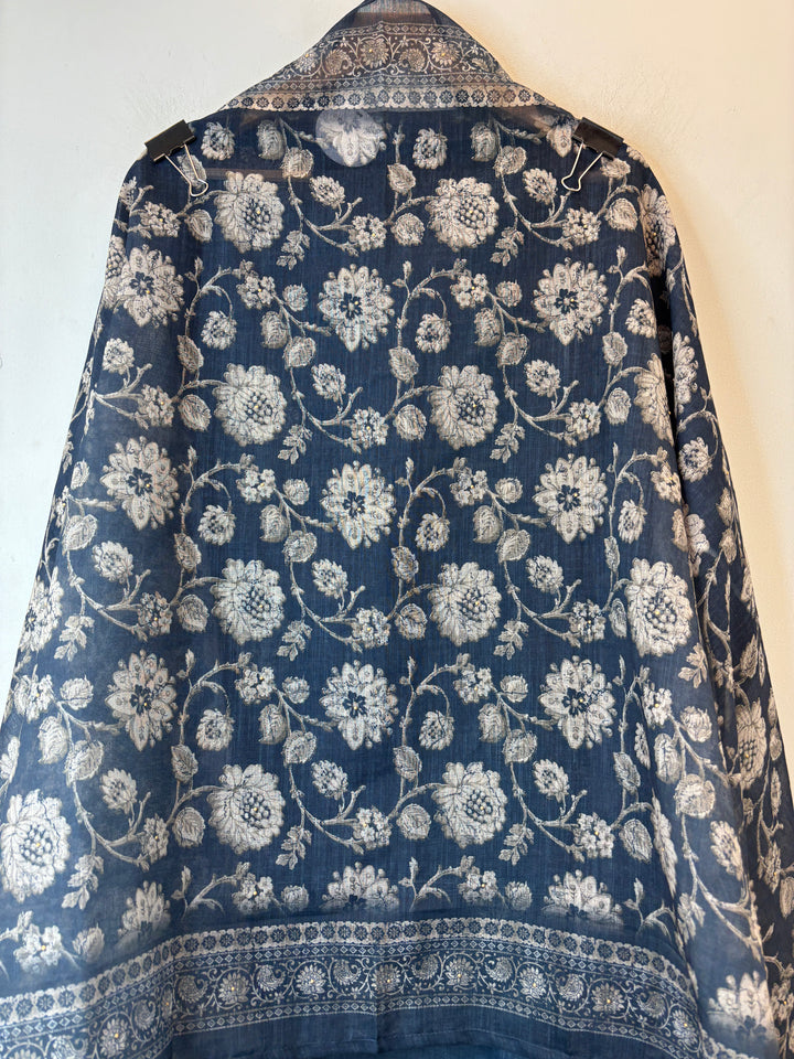 Linen Unstitched Suit Set in Denim Blue with Mirror &amp; Bead Work DBP01