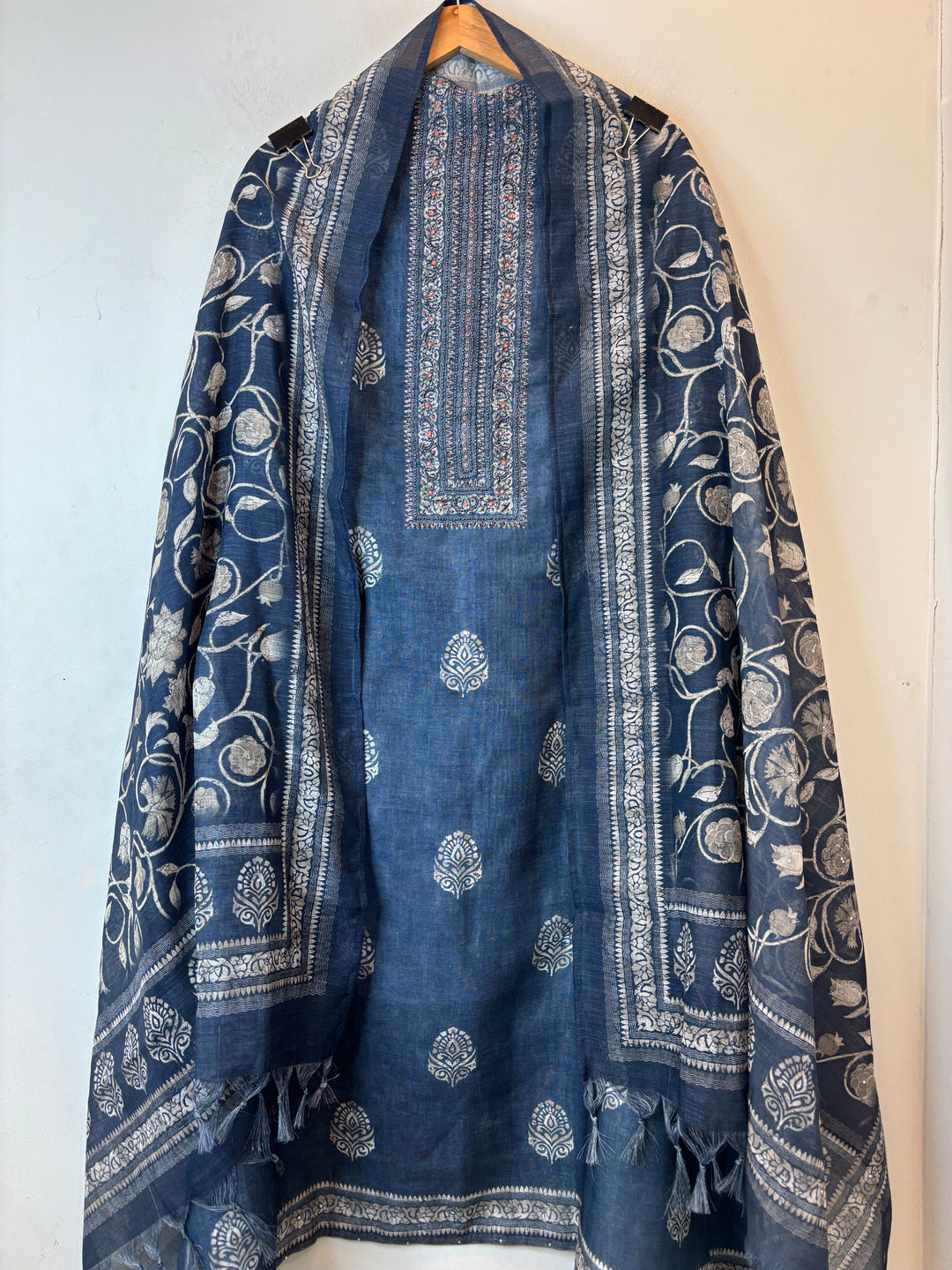 Linen Unstitched Suit Set in Denim Blue with Mirror &amp; Bead Work DBP04