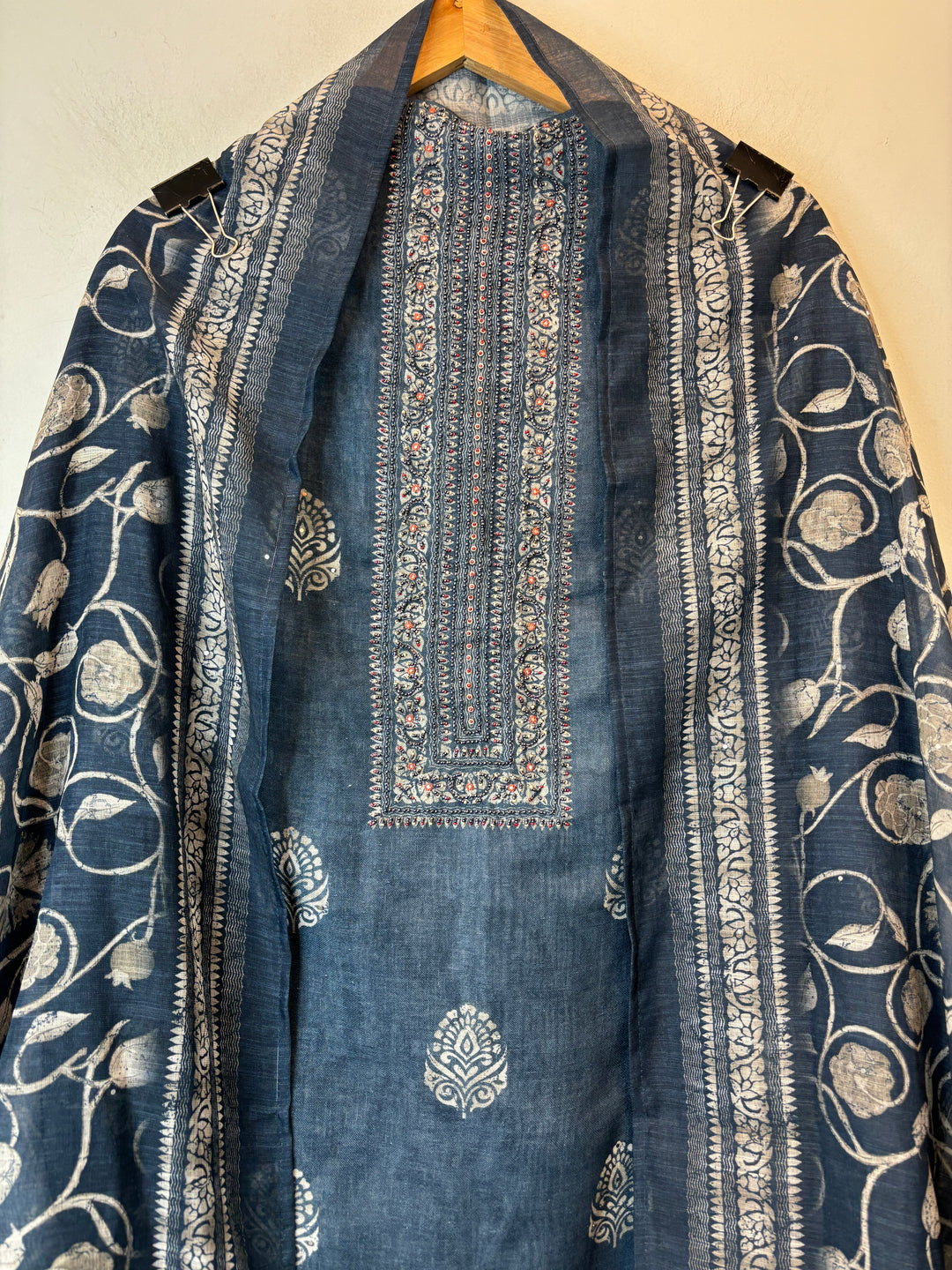 Linen Unstitched Suit Set in Denim Blue with Mirror &amp; Bead Work DBP03