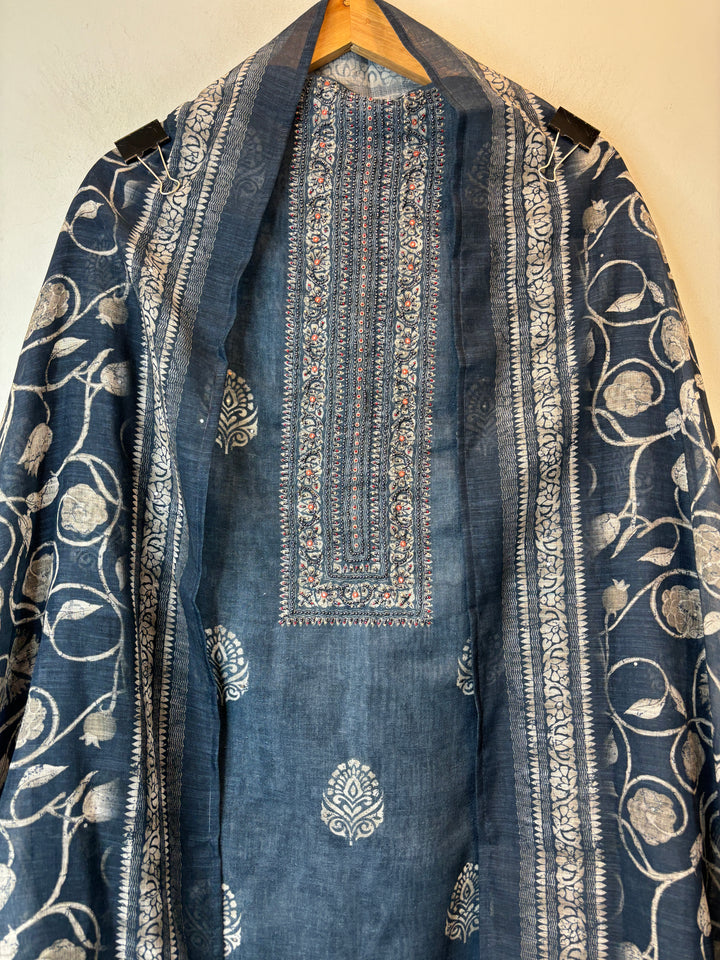 Linen Unstitched Suit Set in Denim Blue with Mirror &amp; Bead Work DBP03