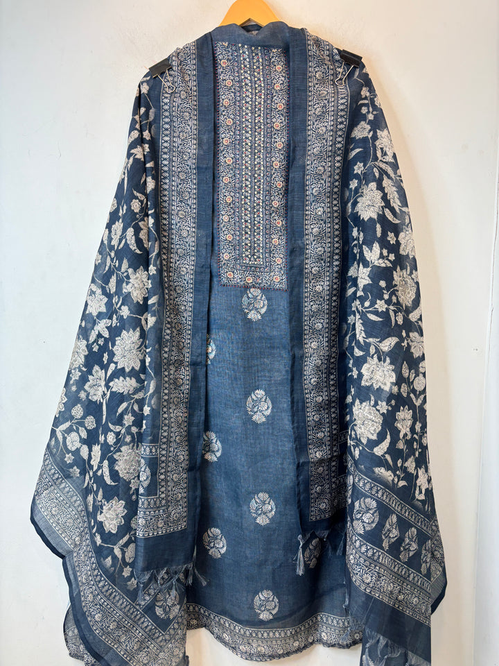 Linen Unstitched Suit Set in Denim Blue with Mirror &amp; Bead Work DBP04