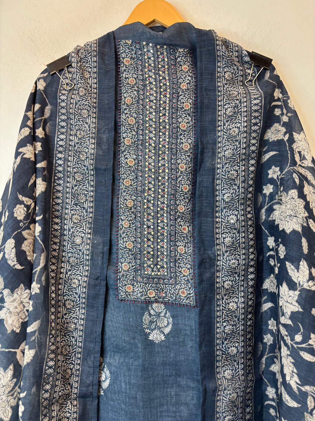Linen Unstitched Suit Set in Denim Blue with Mirror &amp; Bead Work DBP02