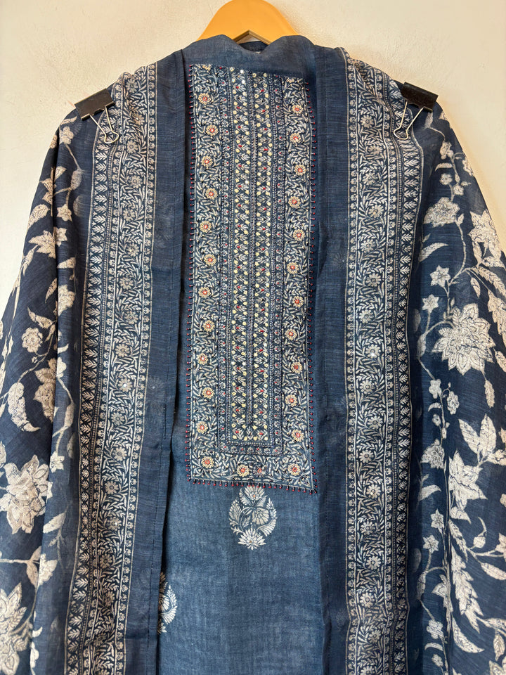 Linen Unstitched Suit Set in Denim Blue with Mirror &amp; Bead Work DBP02