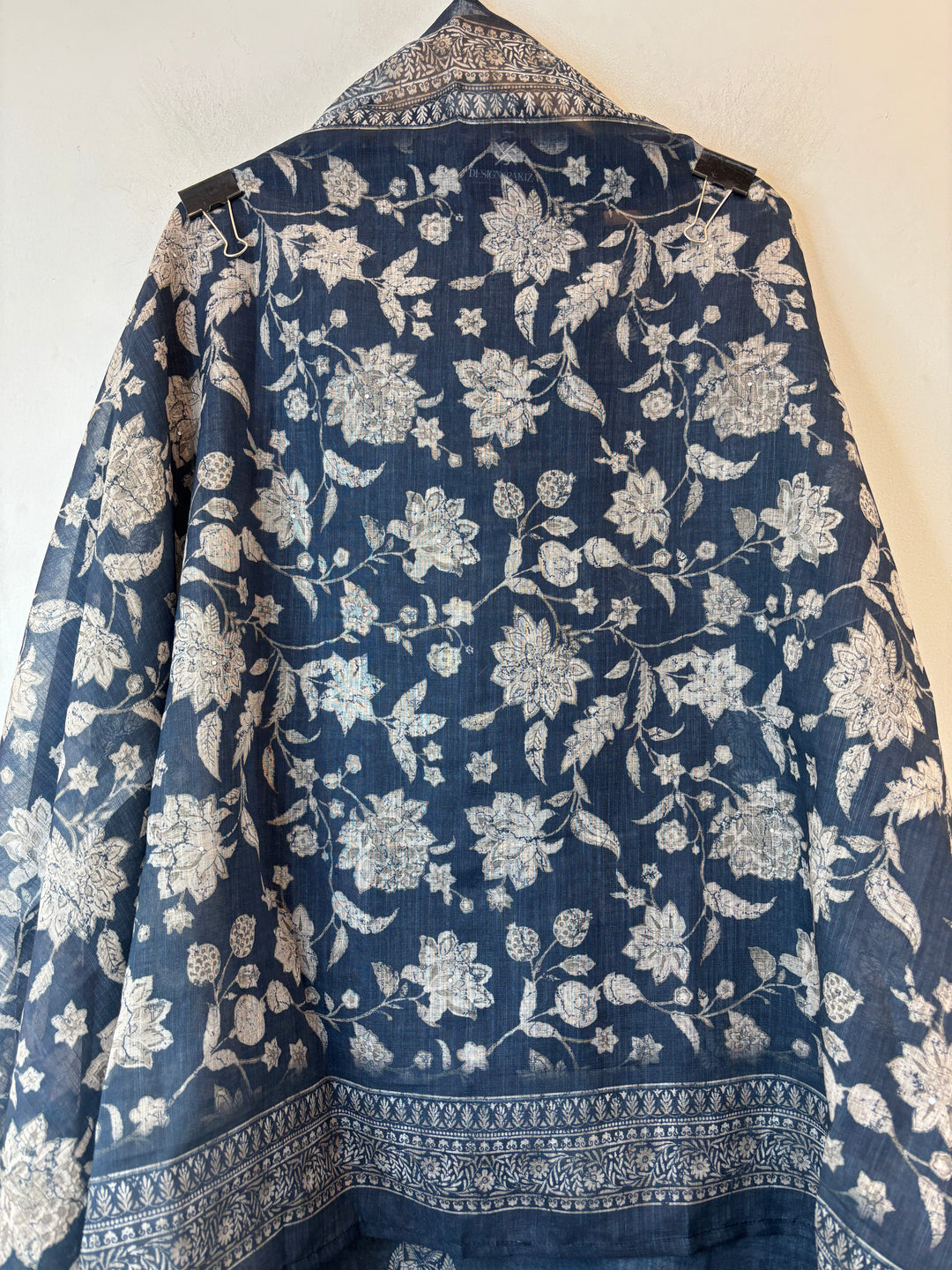 Linen Unstitched Suit Set in Denim Blue with Mirror &amp; Bead Work DBP02