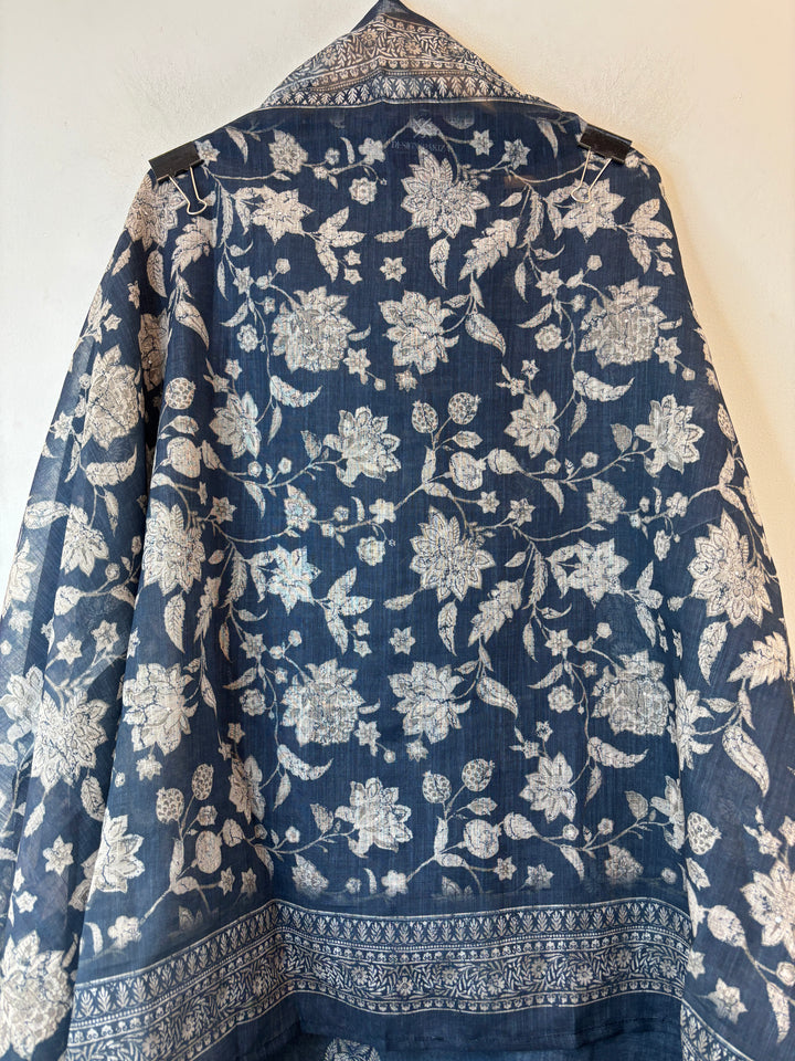 Linen Unstitched Suit Set in Denim Blue with Mirror &amp; Bead Work DBP02