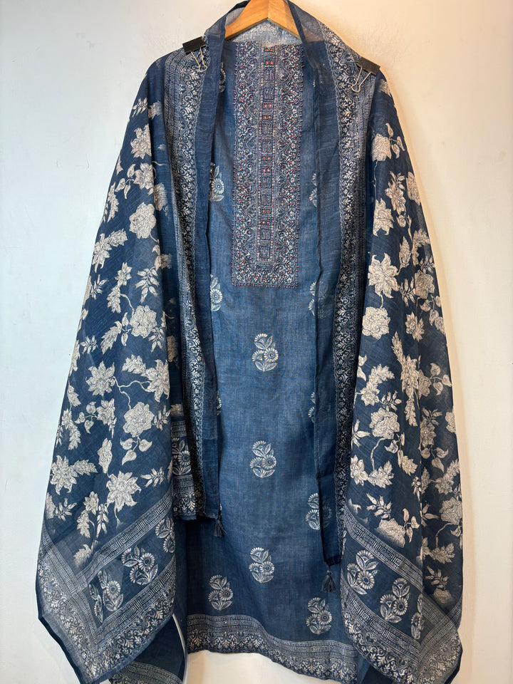 Linen Unstitched Suit Set in Denim Blue with Mirror &amp; Bead Work DBP02