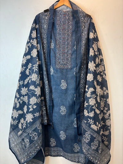 Linen Unstitched Suit Set in Denim Blue with Mirror & Bead Work DBP03