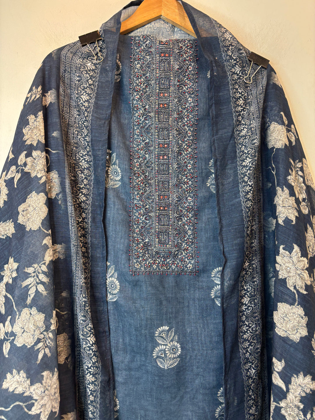 Linen Unstitched Suit Set in Denim Blue with Mirror &amp; Bead Work DBP03