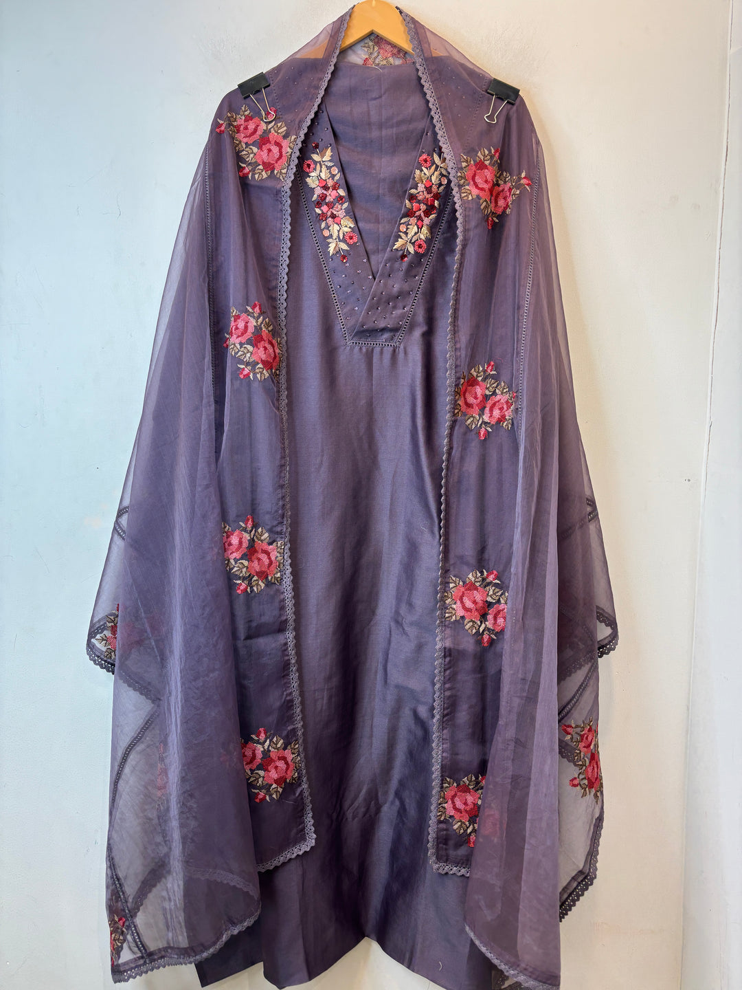 Purple Mul Chanderi Unstitched Suit Set with Embroidery &amp; Crochet Dupatta