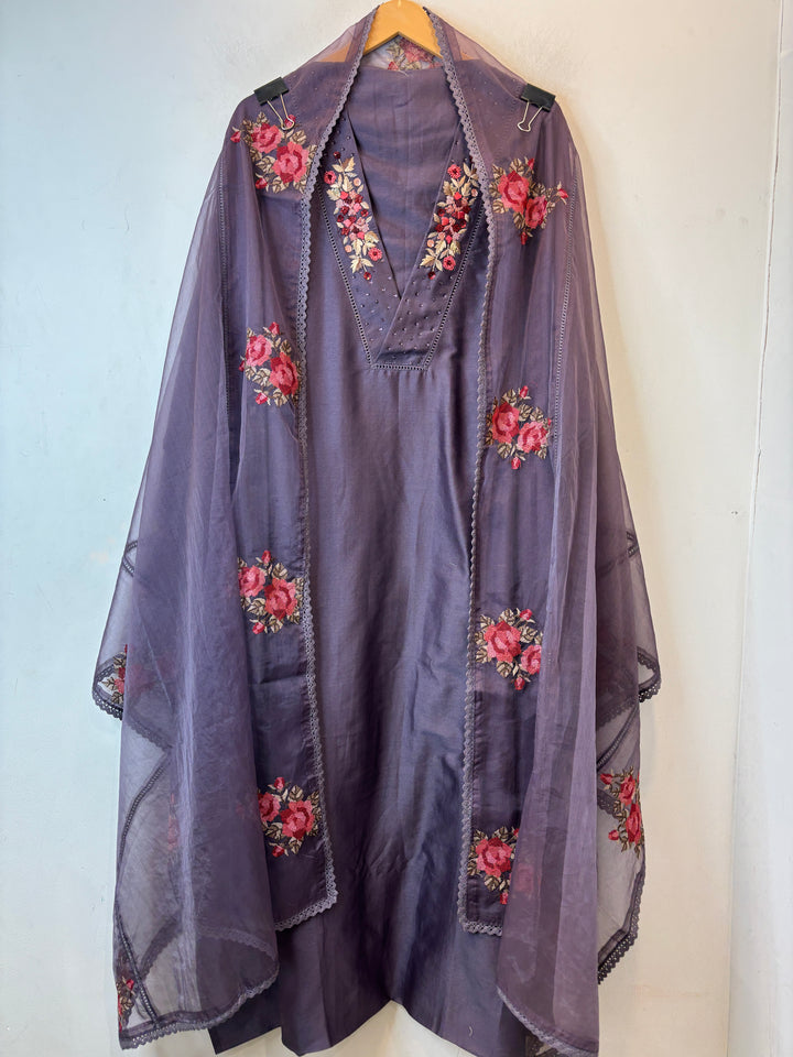 Purple Mul Chanderi Unstitched Suit Set with Embroidery &amp; Crochet Dupatta