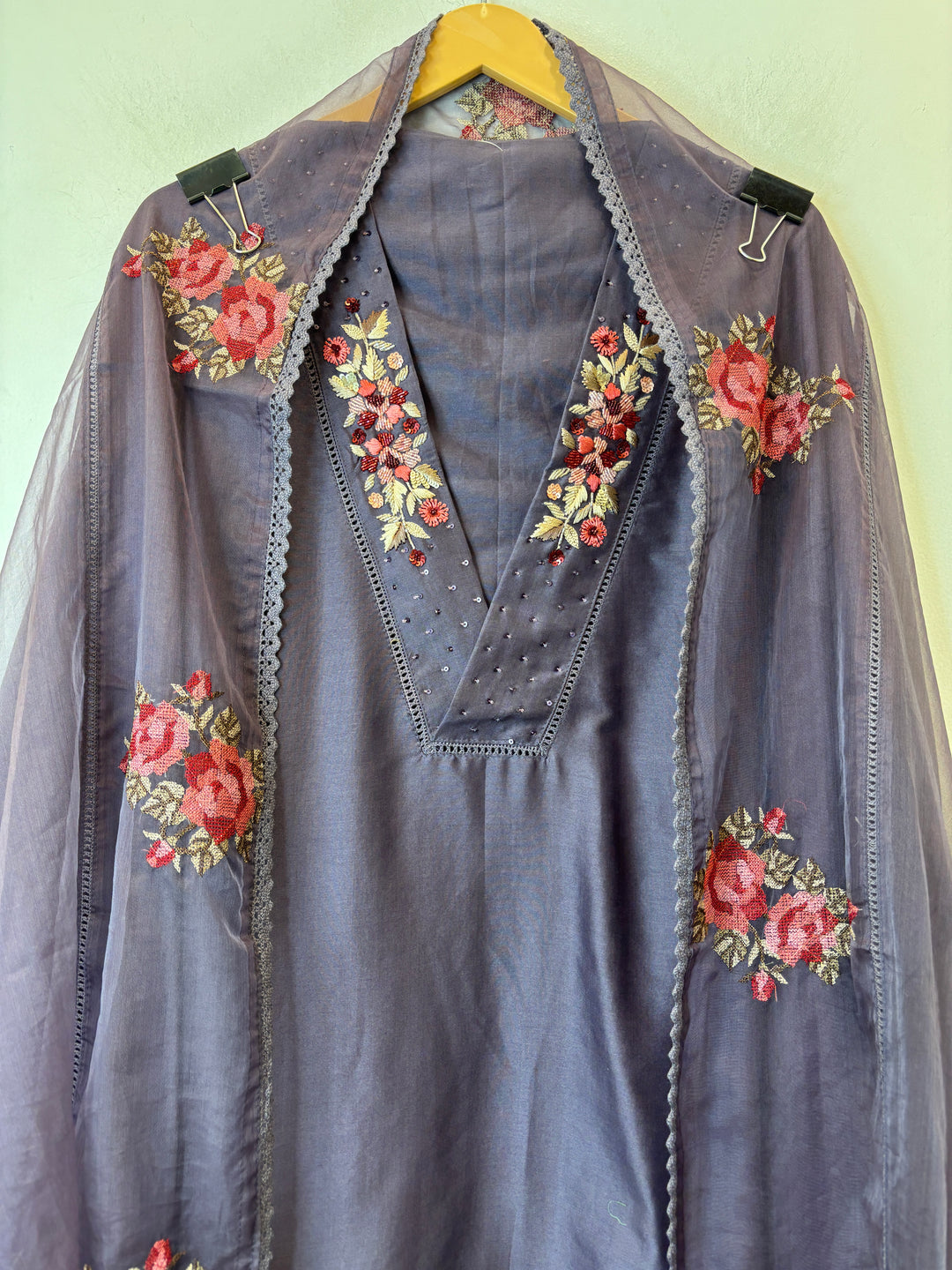 Purple Mul Chanderi Unstitched Suit Set with Embroidery &amp; Crochet Dupatta