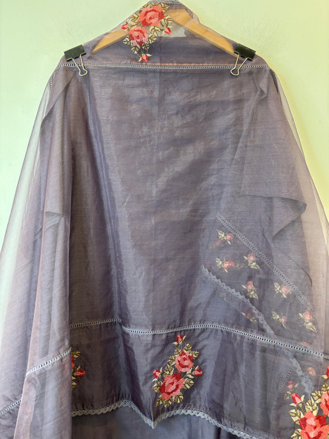 Purple Mul Chanderi Unstitched Suit Set with Embroidery &amp; Crochet Dupatta