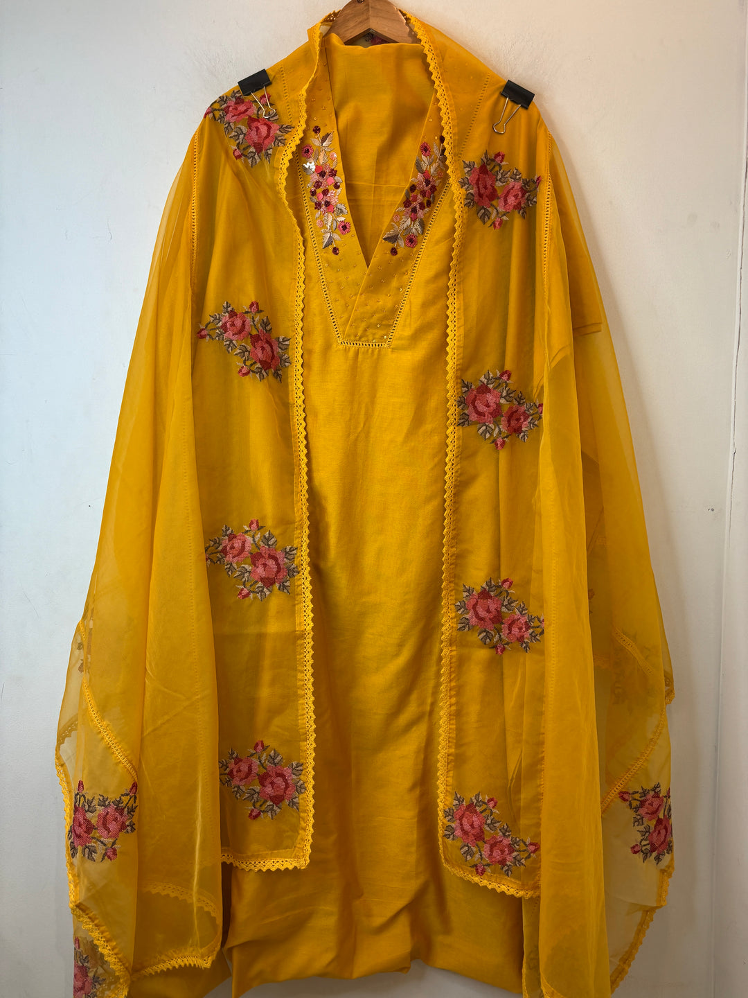 Mustard Yellow Silk Organza Unstitched Suit Set with Embroidery &amp; Crochet Dupatta