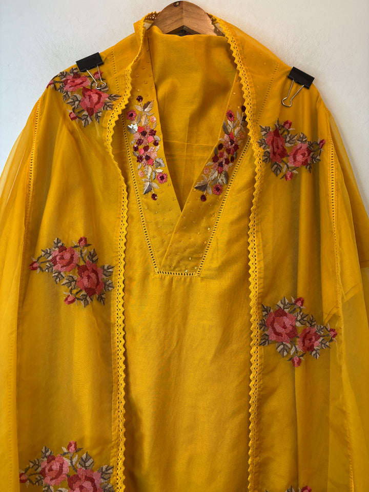Mustard Yellow Silk Organza Unstitched Suit Set with Embroidery &amp; Crochet Dupatta
