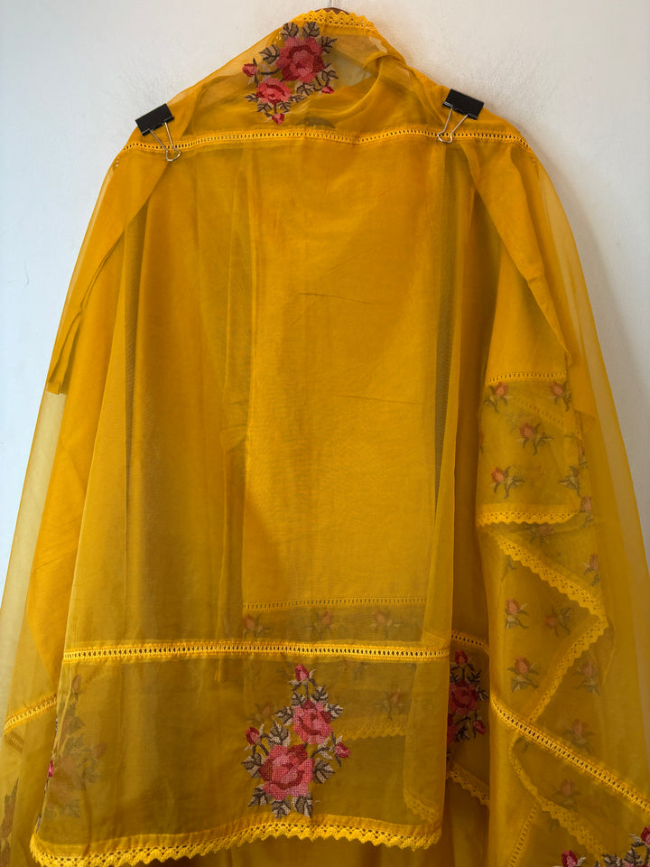 Mustard Yellow Silk Organza Unstitched Suit Set with Embroidery &amp; Crochet Dupatta