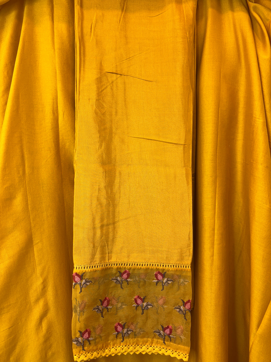 Mustard Yellow Silk Organza Unstitched Suit Set with Embroidery &amp; Crochet Dupatta