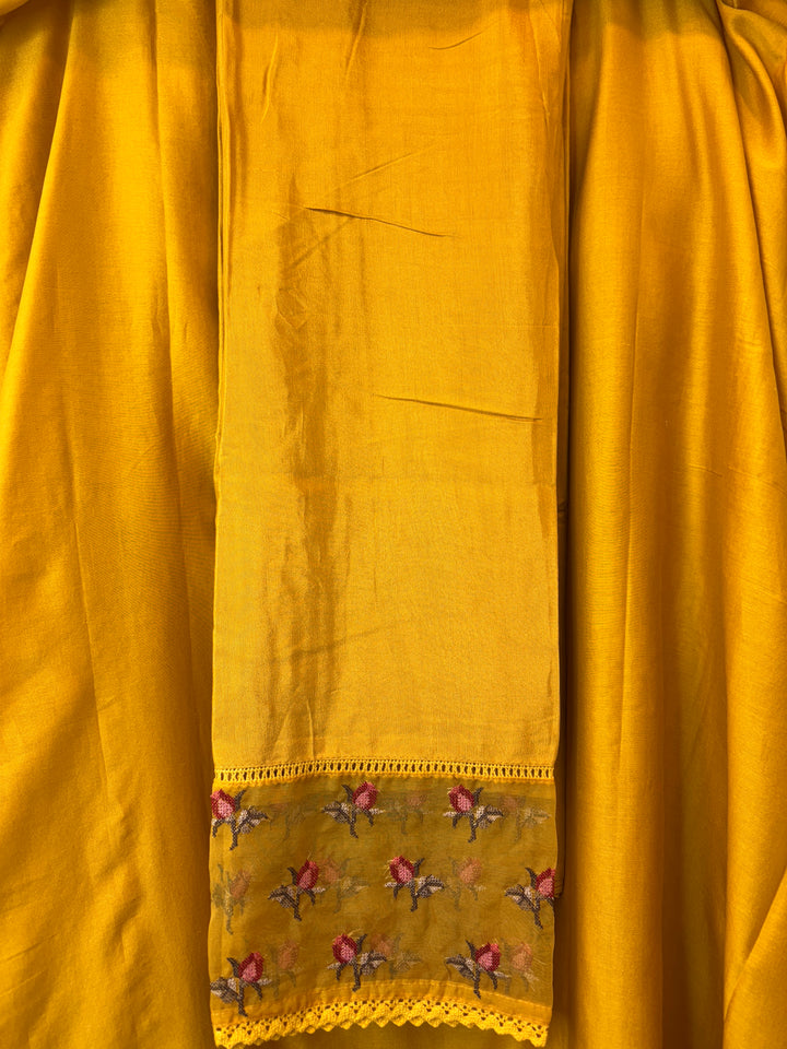 Mustard Yellow Silk Organza Unstitched Suit Set with Embroidery &amp; Crochet Dupatta
