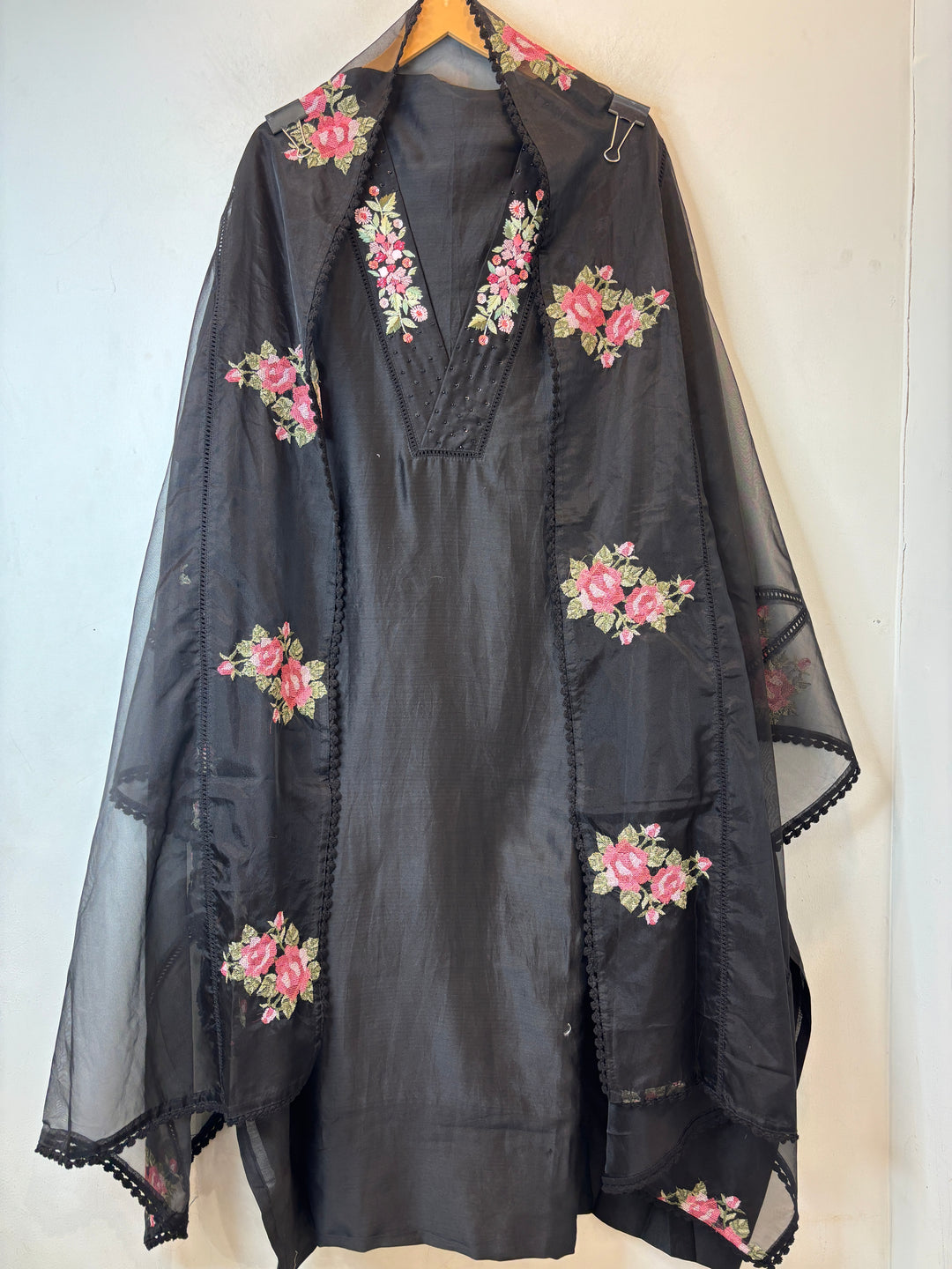 Black Mul Chanderi Unstitched Suit Set with Embroidery &amp; Crochet Dupatta