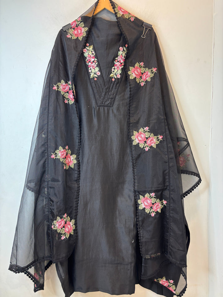 Black Mul Chanderi Unstitched Suit Set with Embroidery &amp; Crochet Dupatta