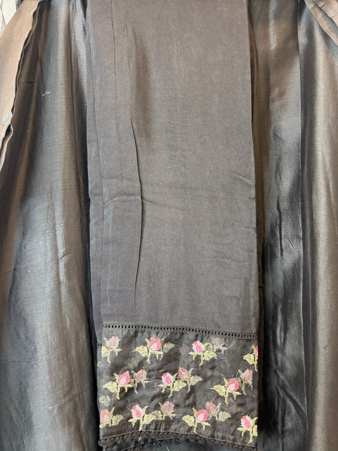 Black Mul Chanderi Unstitched Suit Set with Embroidery &amp; Crochet Dupatta