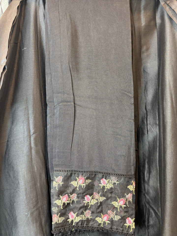 Black Mul Chanderi Unstitched Suit Set with Embroidery &amp; Crochet Dupatta