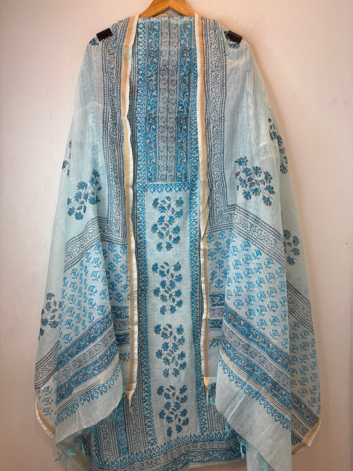 Blue Mul Chanderi Hand Block Printed Suit Set