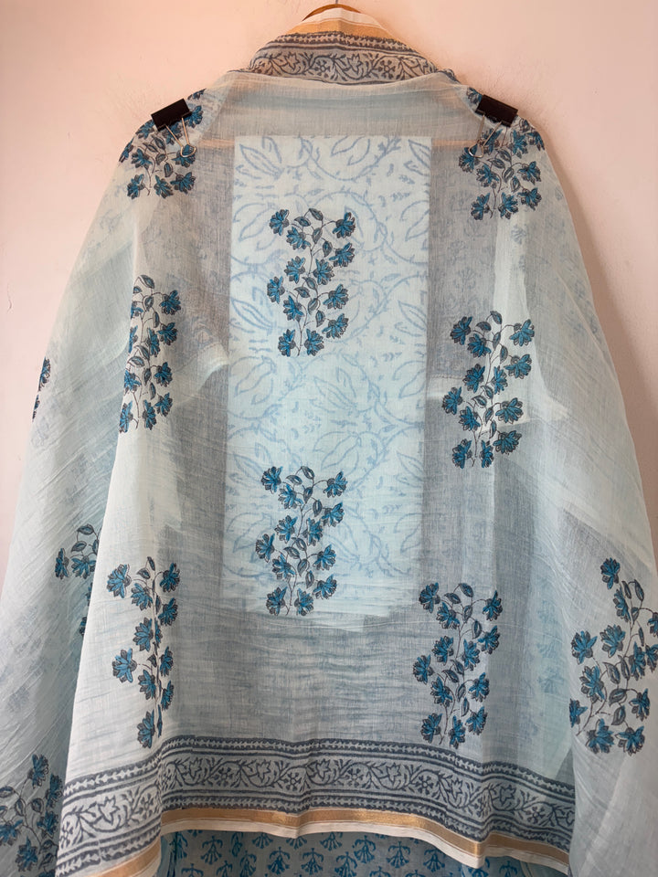 Blue Mul Chanderi Hand Block Printed Suit Set