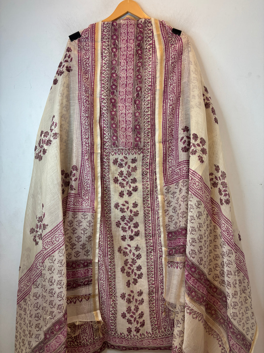 Beige Mul Chanderi Hand Block Printed Suit Set