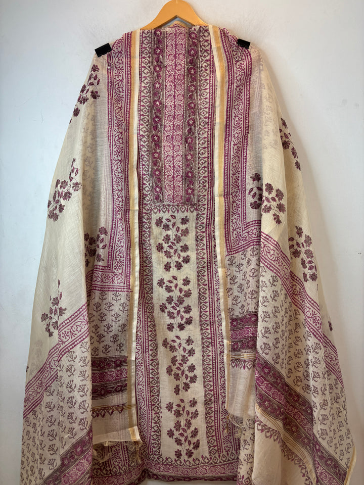 Beige Mul Chanderi Hand Block Printed Suit Set