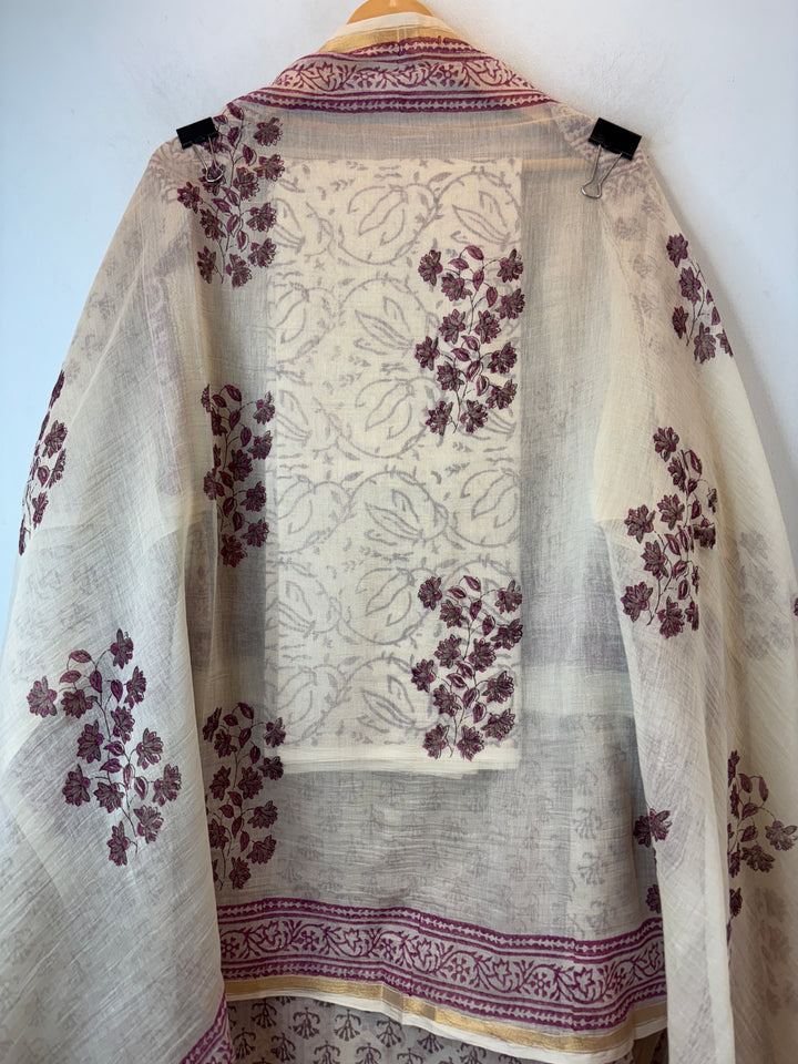 Beige Mul Chanderi Hand Block Printed Suit Set