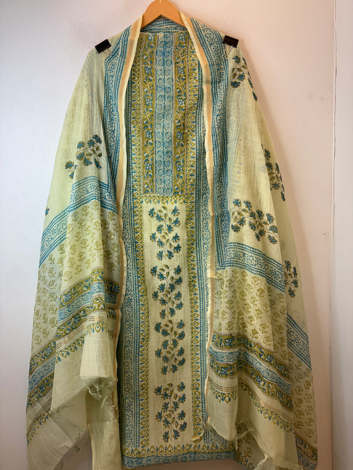 Green Mul Chanderi Hand Block Printed Suit Set