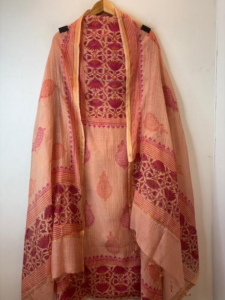 Orange Mul Chanderi Hand Block Printed Suit Set