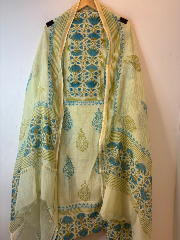 Green Mul Chanderi Hand Block Printed Suit Set