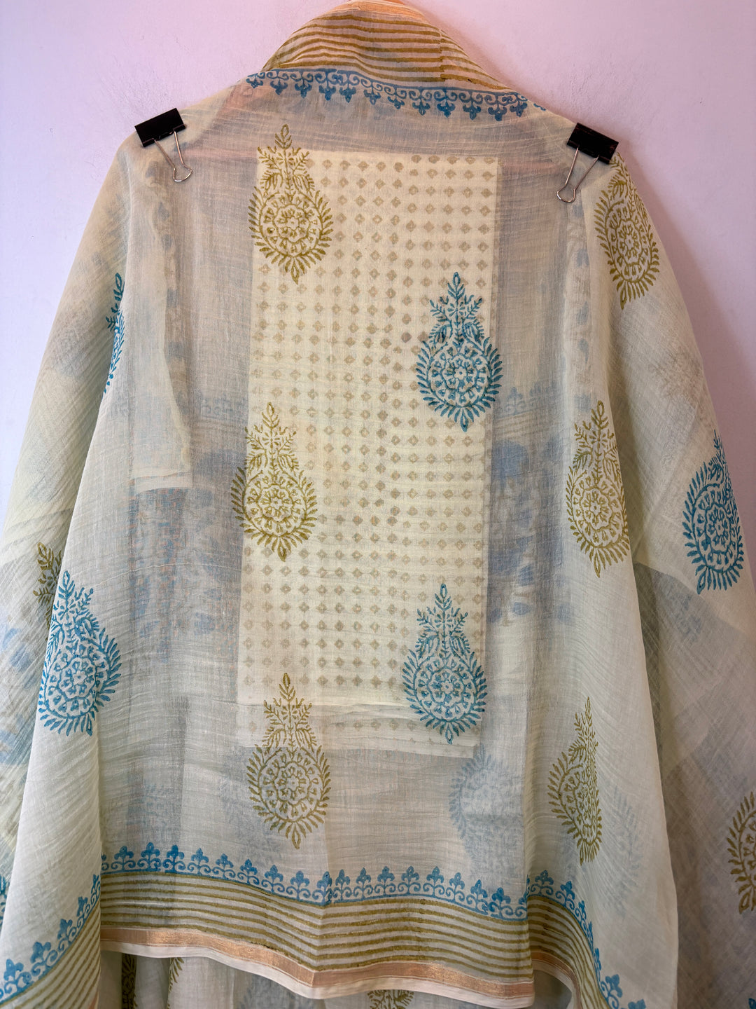 Green Mul Chanderi Hand Block Printed Suit Set