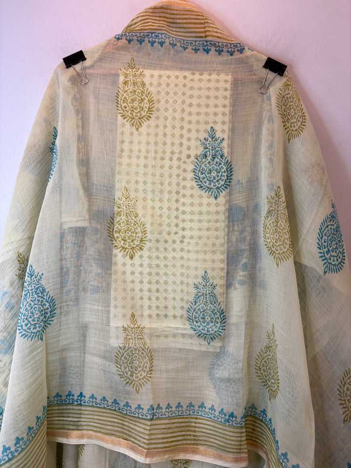 Green Mul Chanderi Hand Block Printed Suit Set