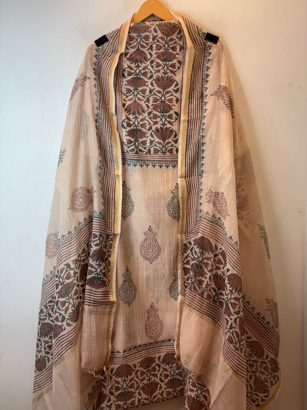 Peach Mul Chanderi Hand Block Printed Suit Set