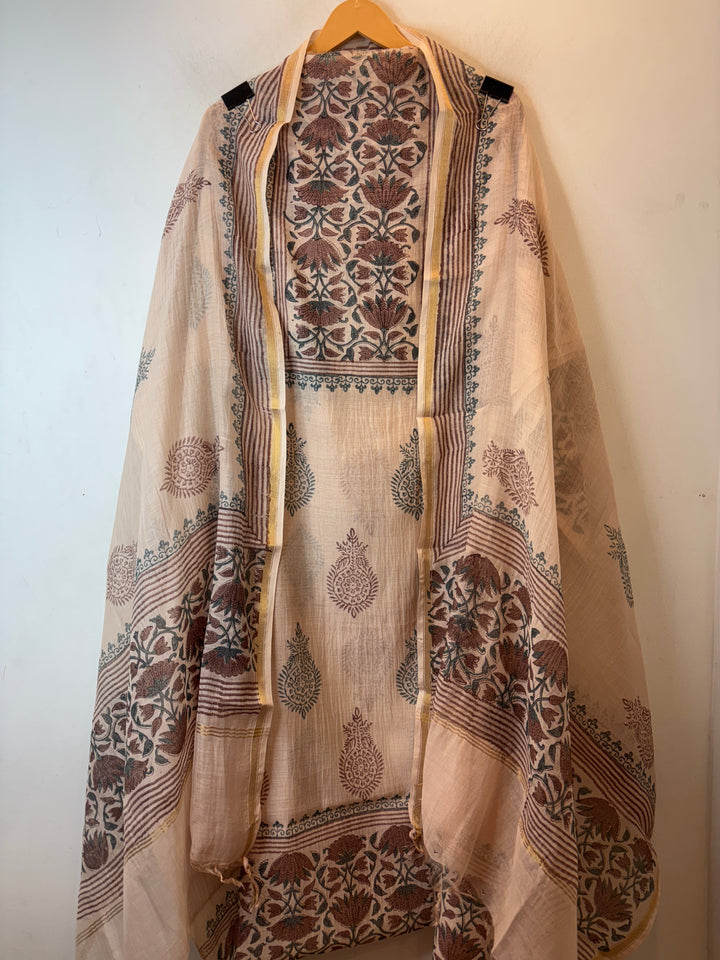 Peach Mul Chanderi Hand Block Printed Suit Set