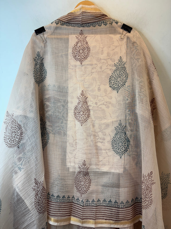 Peach Mul Chanderi Hand Block Printed Suit Set