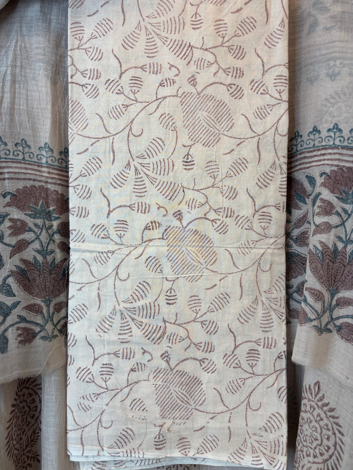 Peach Mul Chanderi Hand Block Printed Suit Set